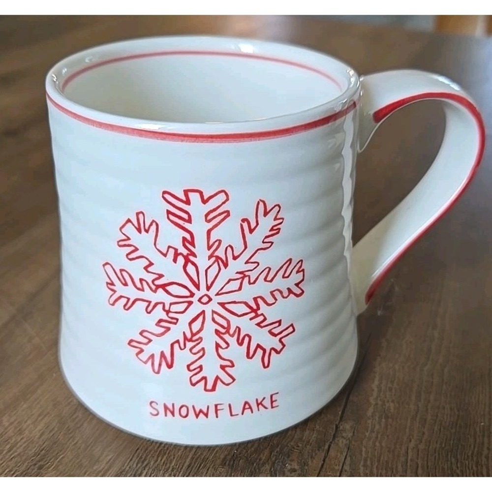 Anthropologie Molly Hatch Red & White Snowflake Ribbed Stoneware Mug EUC